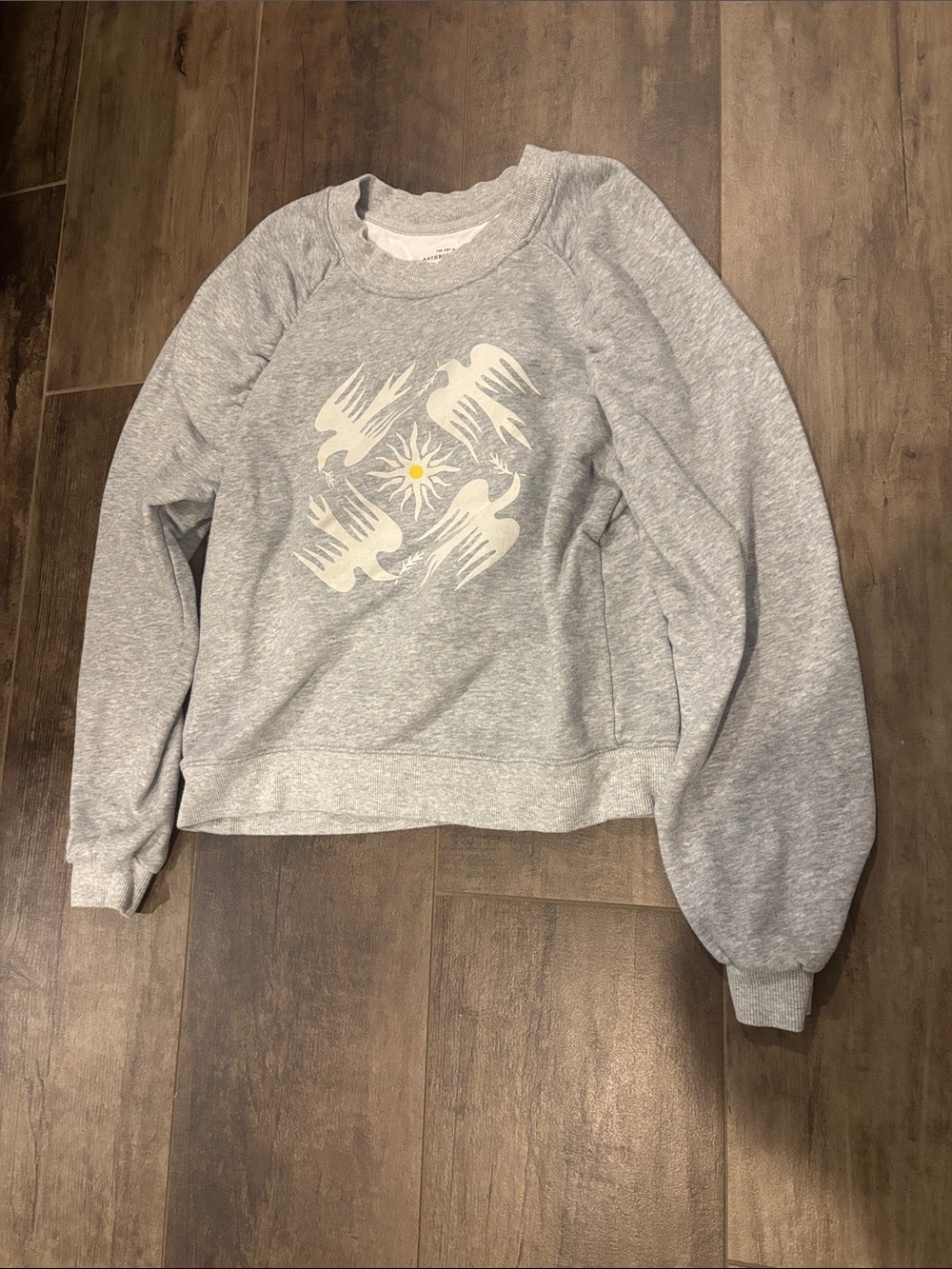 Anthropologie Light Gray Graphic Crewneck Sweatshirt with Yellow Accent